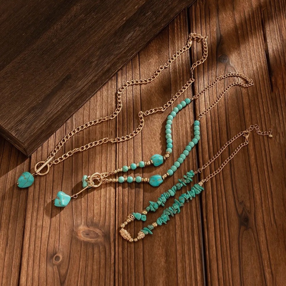 Turquoise and Gold Layered Necklace Set - Picture 3 of 5